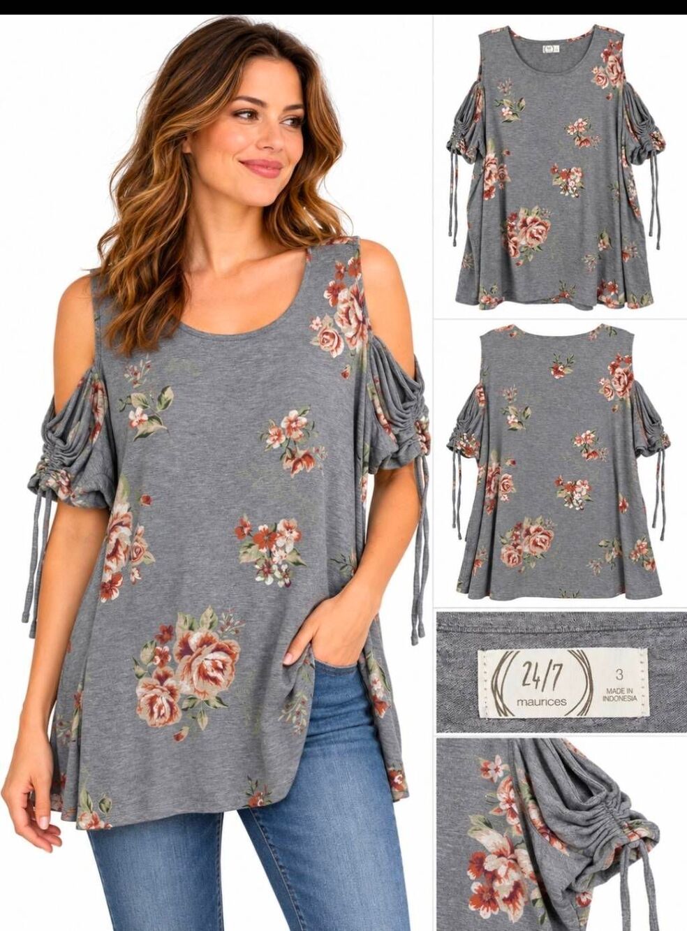 Maurices 24/7 3 Gray Floral Cold Shoulder Tunic Top